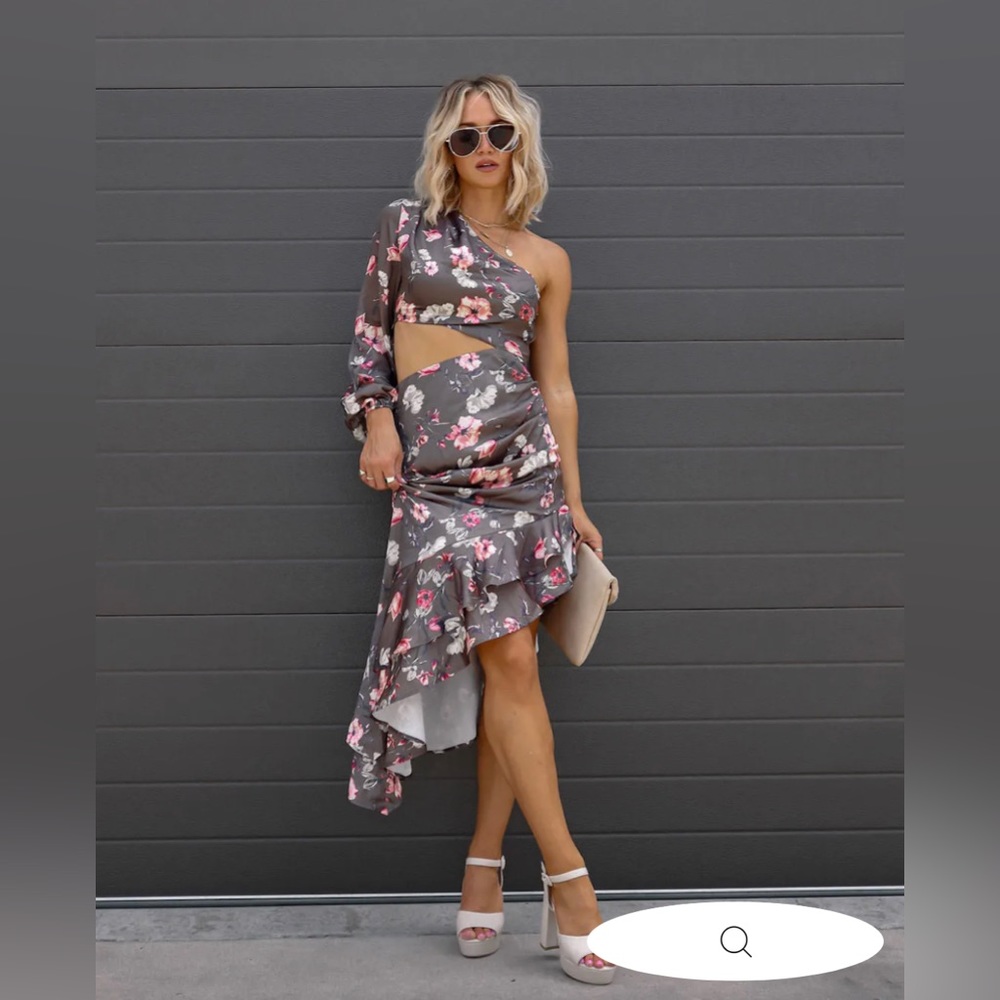 BREATHTAKING VIEW SATIN FLORAL CUTOUT RUFFLE MIDI DRESS